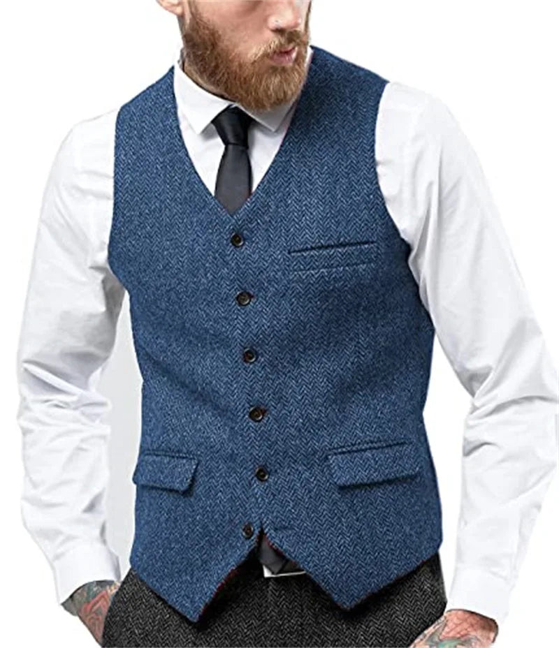 Herringbone Vest for Men Wool Tweed Waistcoat for Groom Groomsman Formal Single Breasted Males Plus Size Dress Suit Vest