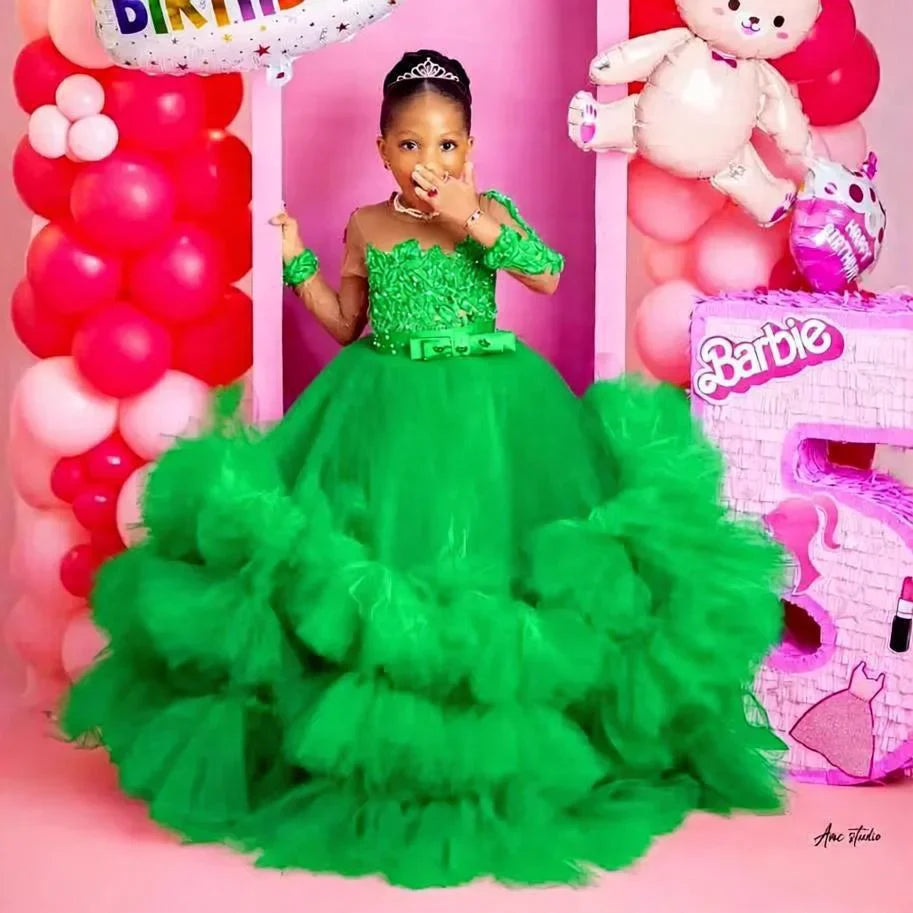 Fuchsia Princess Girls Birthday Party Dress Tiered Ruffles Long Sleeve Flower Girl Dresses for Wedding Kids Prom Gown Customized