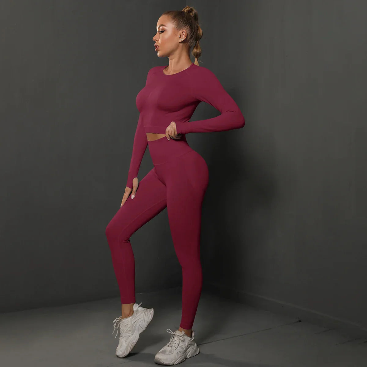 2Pcs Women Sets Energy Seamless Gym Suits Bubble Butt Sports Pants+Long Sleeve Shirts Push Up Running Sets Tracksuits Tights Set