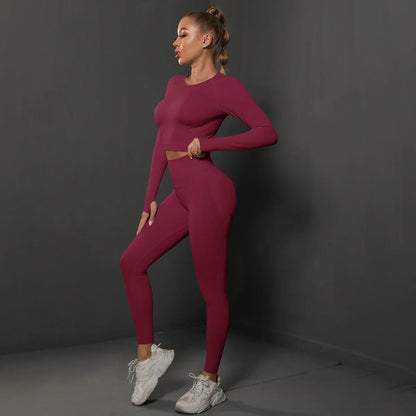 2Pcs Women Sets Energy Seamless Gym Suits Bubble Butt Sports Pants+Long Sleeve Shirts Push Up Running Sets Tracksuits Tights Set