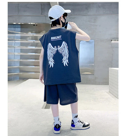Teenage Summer Tracksuit for Boy with Shorts Tshirt 2 Piece Top and Bottom Clothes Set Kids Child Casual Cotton Outfit Suit Wear