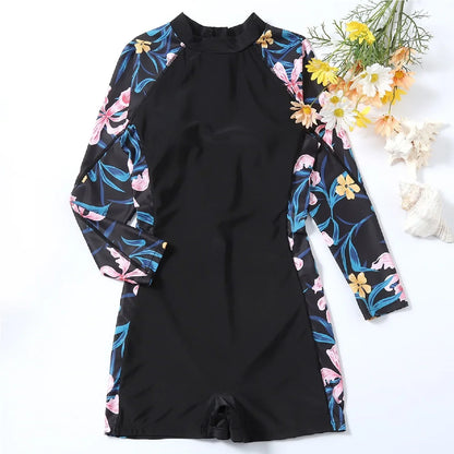 2026 New One Piece Swimsuit Women Floral Long Sleeve Swimwear Zipper Surfing Monokini Push Up Body Suit Beachwear Bathing Suit