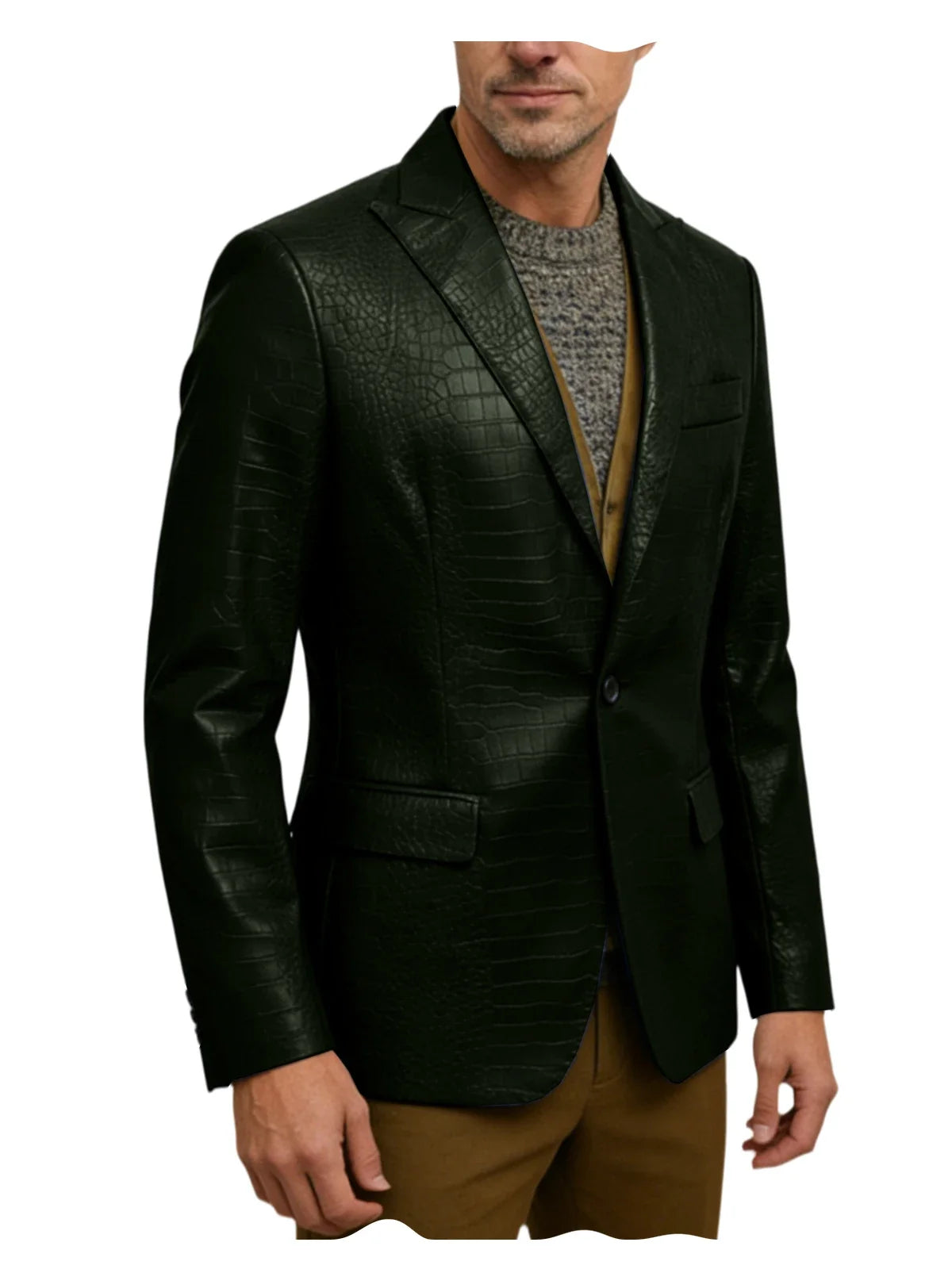 Vintage Men's Crocodile Embossed Leather Blazer Notch Lapel 1 Button Jacket Business Casual Formal Luxury Coat With Flap Pockets