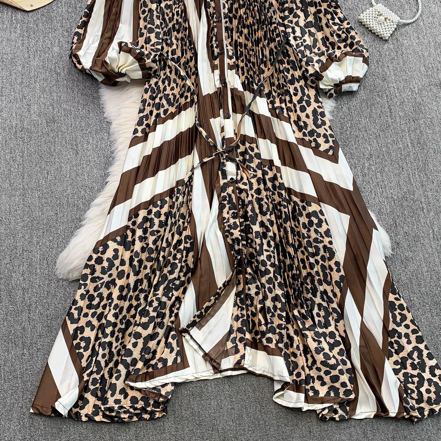 Ele Printed round Ne Lantern Sve Dr Women's Single Button Waist Cinch Maxi Skirt Long Dr Commute Sle Autumn