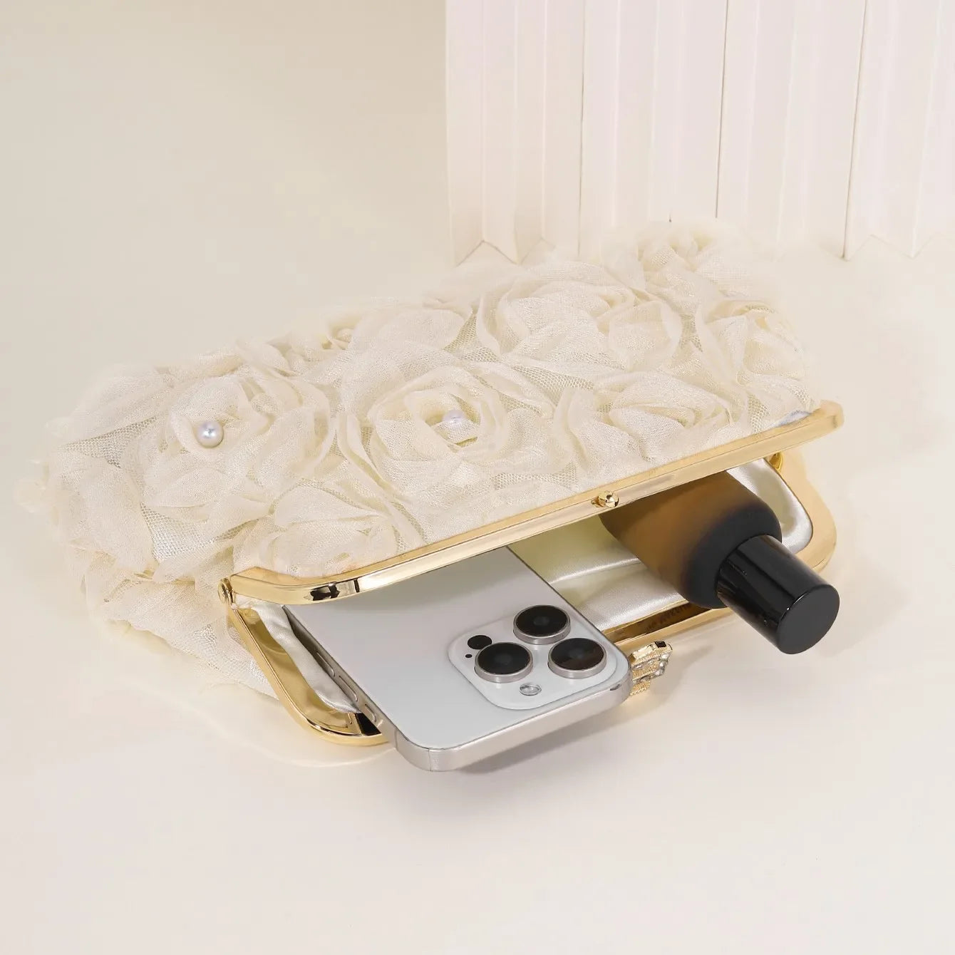 3D Floral Decor Clutch Bag, Elegant Silk Appliques Dinner Purse For Wedding Party Prom Banquet - Perfect for Wedding， Party