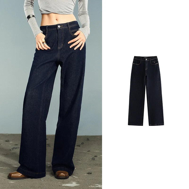 Women Denim Jeans 2025 Autumn New Lycra Stretch Washed Wide Leg Straight Long Pants