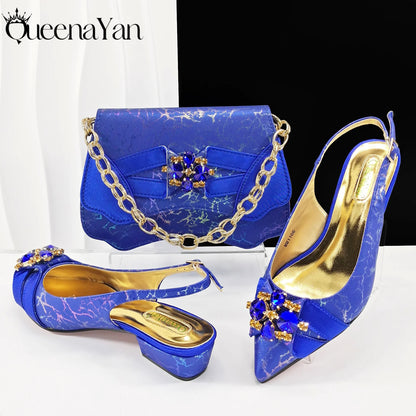 2025 New Summer Collection Stylish Italian Women’s Shoes and Bag Set Gold Colour Comfortable Low Heels With Rhinestone