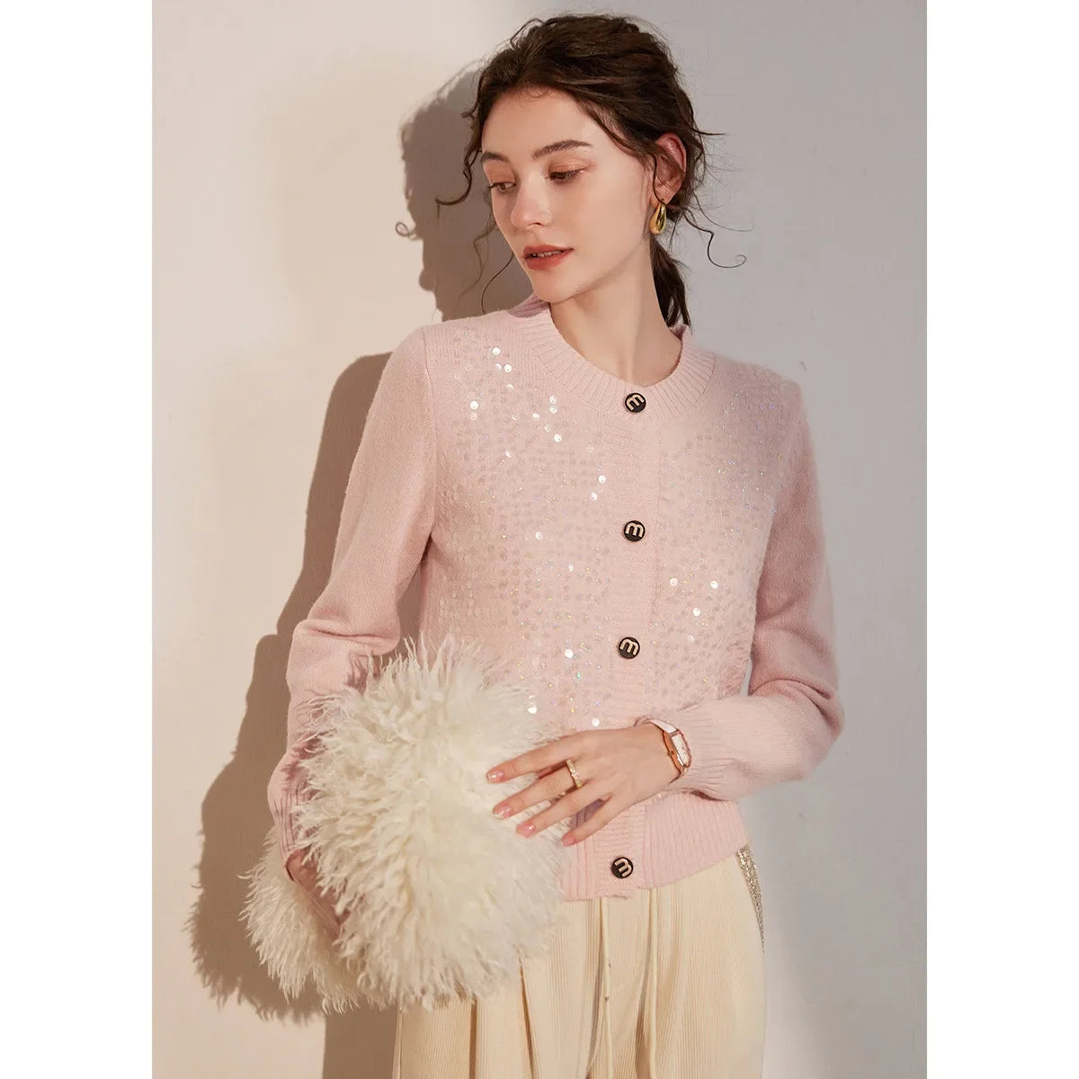 2025 Autumn/Winter Round Neck Sparkling Knitted Cardigan Micro Elastic Color Clash Button Long Sleeve Women's Sweater