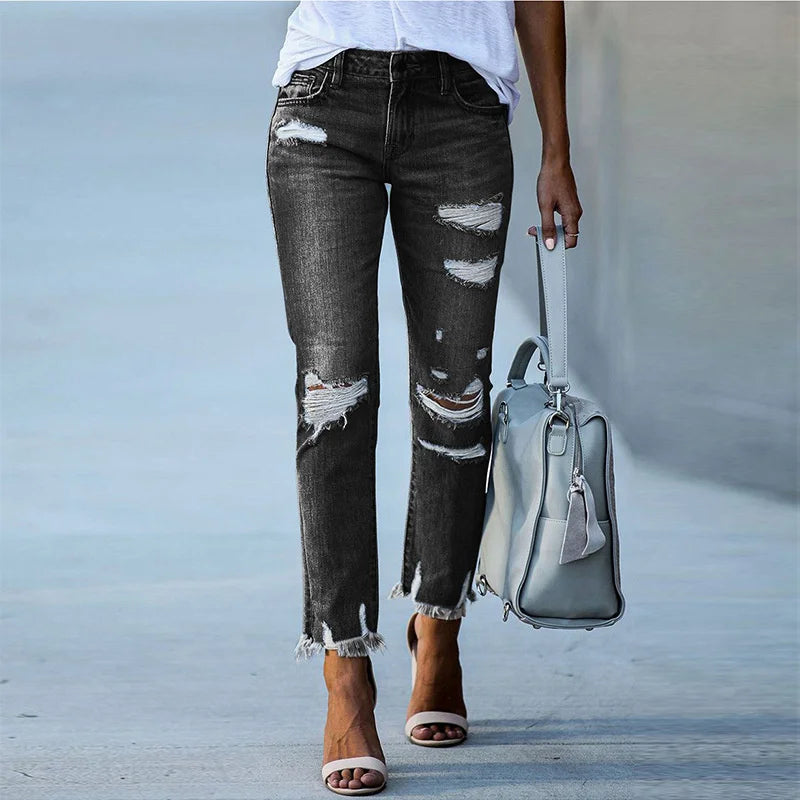 Fashion Broken Holes Tassel Straight Jeans Women's Mid-waist Button Splicing Denim Pants Ladies Trend Streetwear Casual Trousers