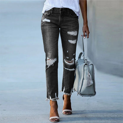 Fashion Broken Holes Tassel Straight Jeans Women's Mid-waist Button Splicing Denim Pants Ladies Trend Streetwear Casual Trousers