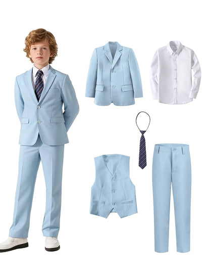 Boys Suit 5-piece Jacket Vest Pants Pocket Shirt Tie Random Casual Formal Wedding Teen Suit Dress School Uniform Size 4-16Y