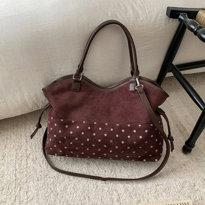 Vintage Frosted Tote Bag Casual Students Purse Large Capacity Shoulder Bag Polka Dot Drawstring Zipper Handbag With Star Pendant