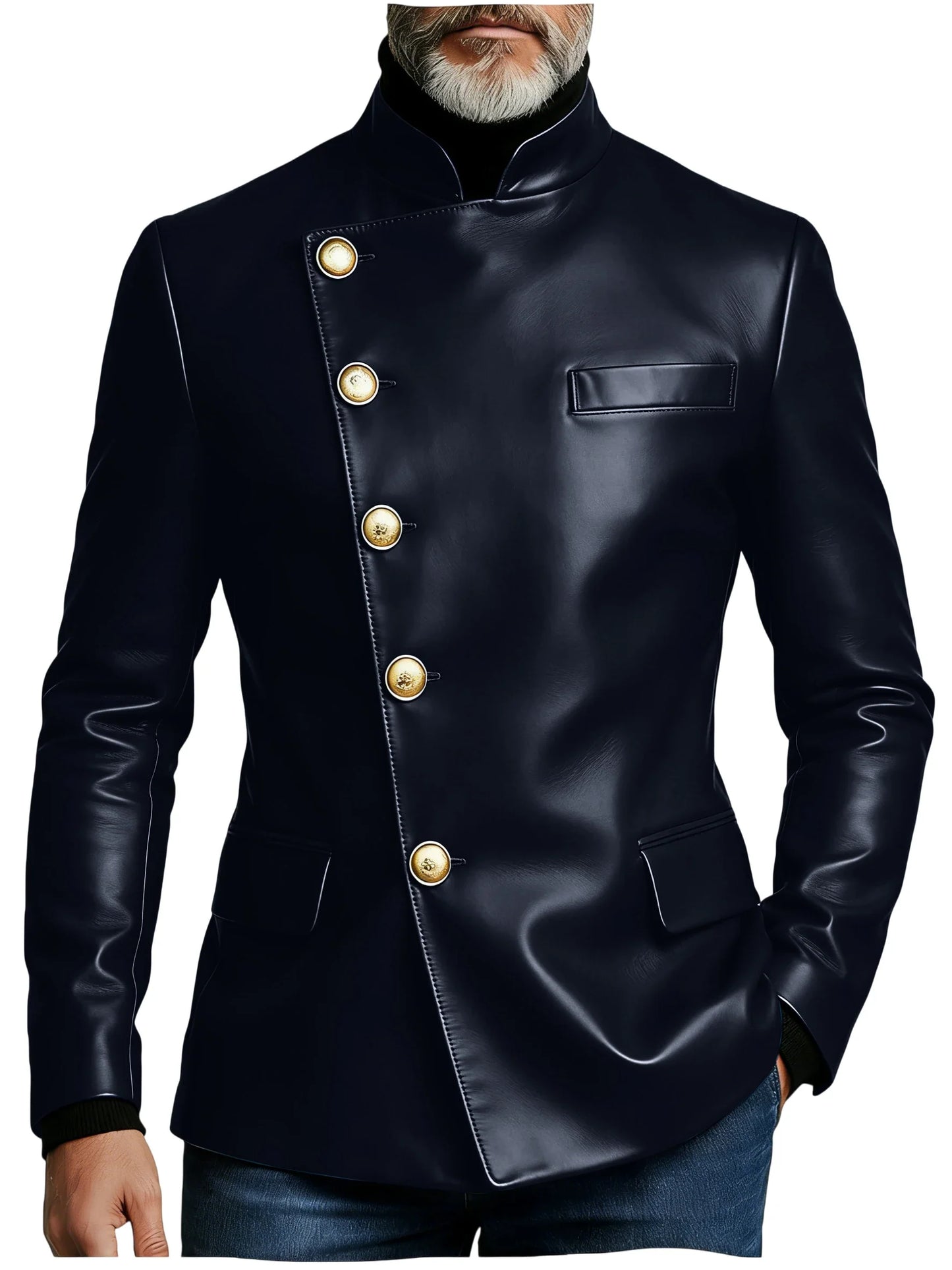 Vintage Men's PU Leather Blazer Slim Fit Double Breasted Stand Collar Jacket Gold Button Business Casual Wedding Prom Suit Coat