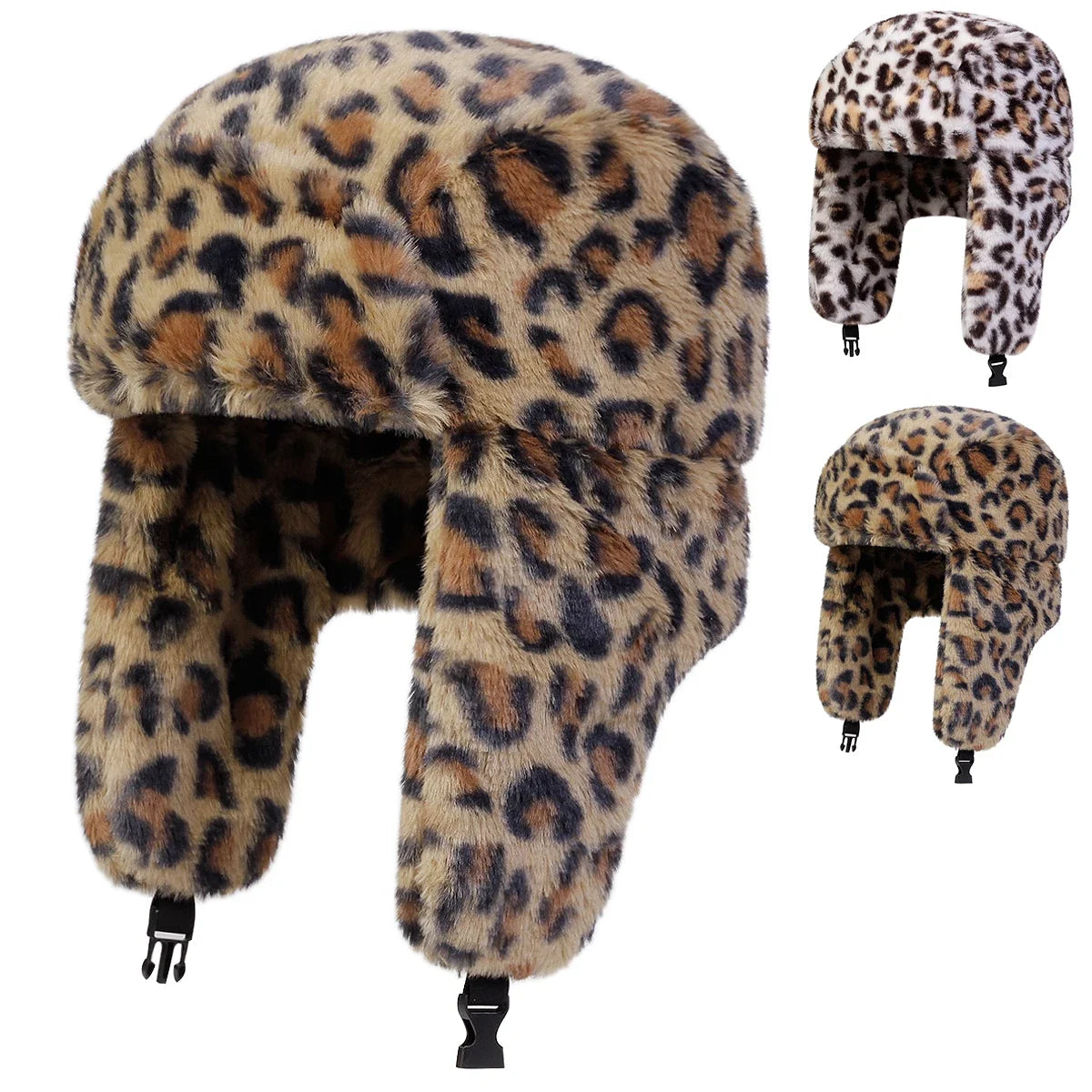 Unisex Plush Leopard Print Lei Feng Hat Winter Earflap Hat Keep Warm Ski Hat Bomber Hat for Outdoor Riding Snow Activities
