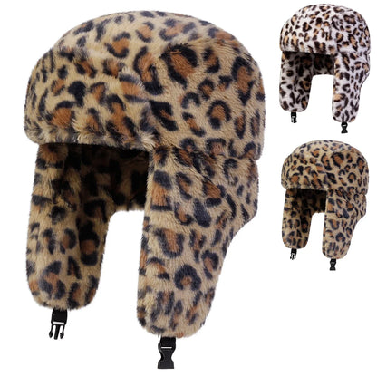 Unisex Plush Leopard Print Lei Feng Hat Winter Earflap Hat Keep Warm Ski Hat Bomber Hat for Outdoor Riding Snow Activities