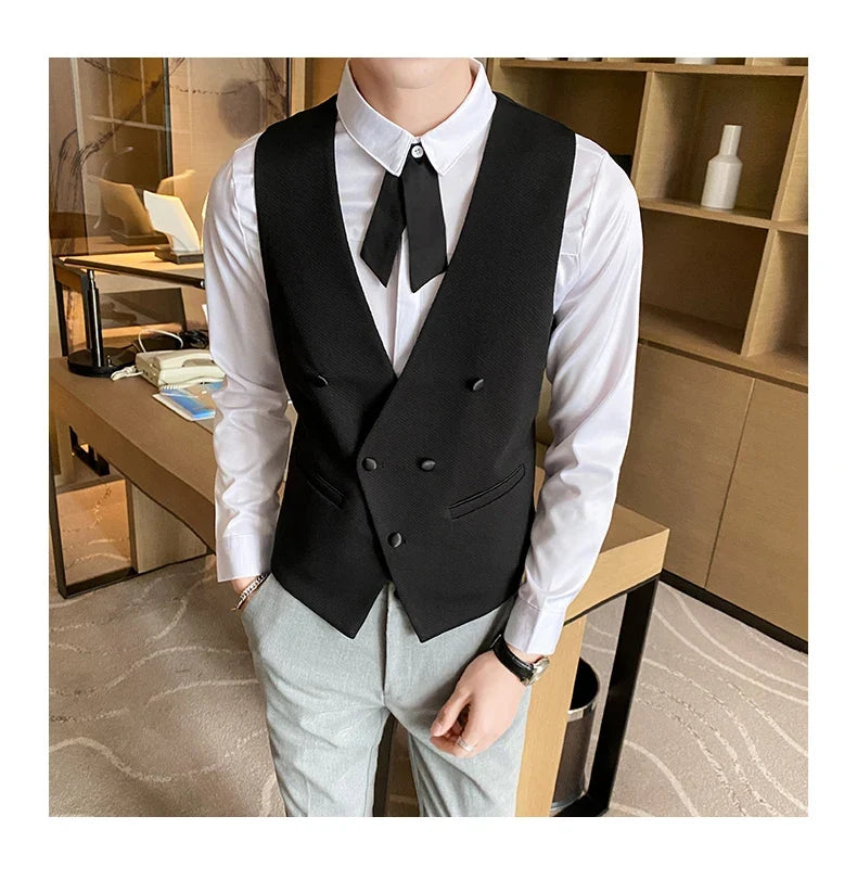 2025 New Fashion Men's Double Breasted Gentleman Dress Casual Vest Fashion Nightclub Bartender Work Clothes V Neck Vest Jacket