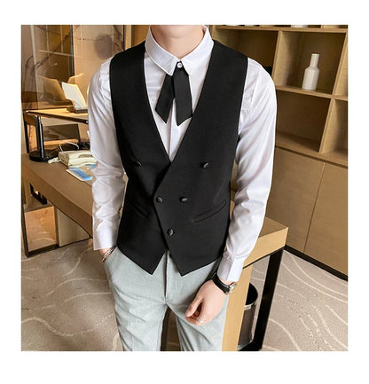 2025 New Fashion Men's Double Breasted Gentleman Dress Casual Vest Fashion Nightclub Bartender Work Clothes V Neck Vest Jacket
