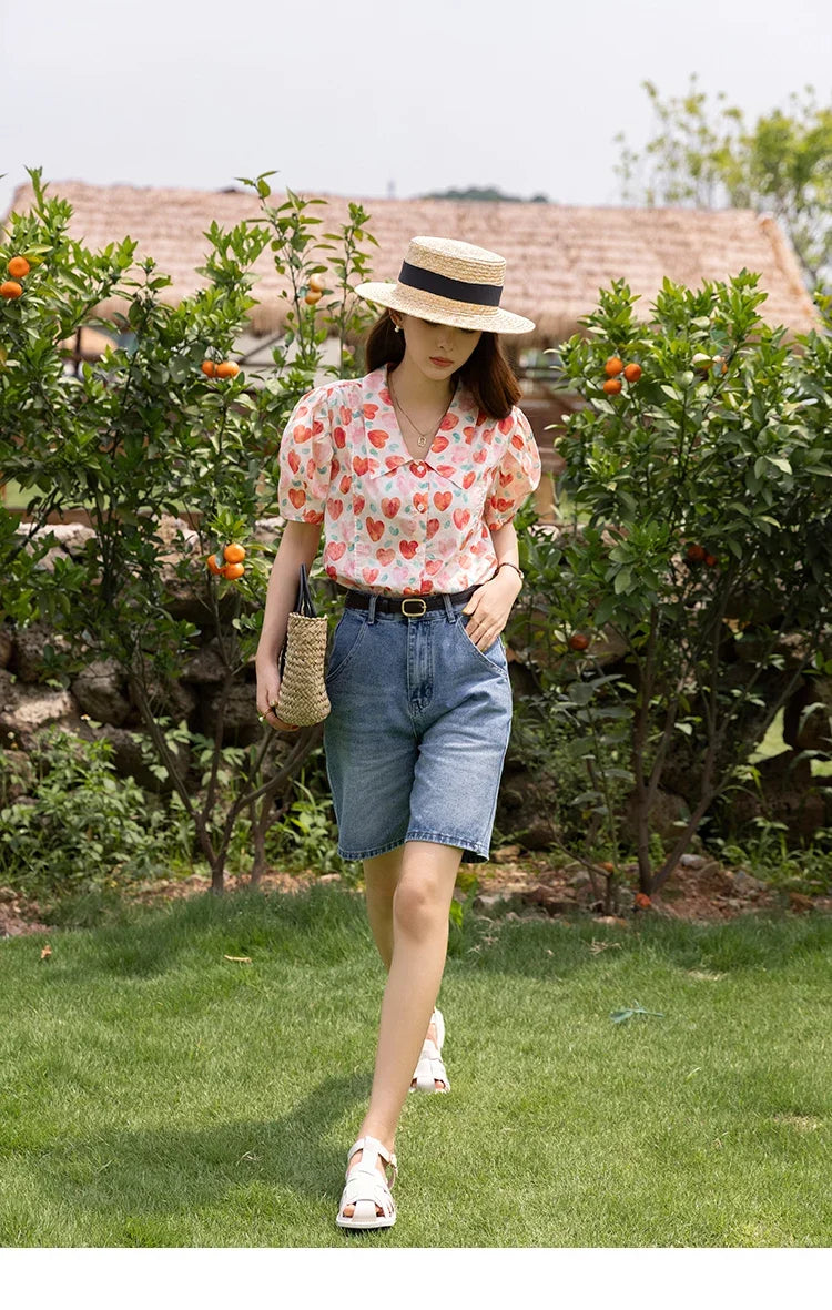 Korean Chic Fashion Women Stylish Blouses Summer French Sweet Retro Floral Polo-neck Puff Sleeves Tops MXB27C0450