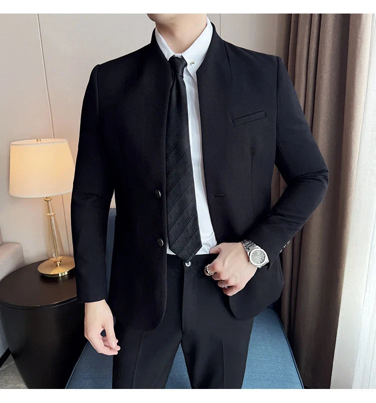 New Waffle Chinese Stand-Up Collar Blazers Men Slim Fit Business Casual Fashion Suits Jacket Formal Social Prom Party Tuxedos