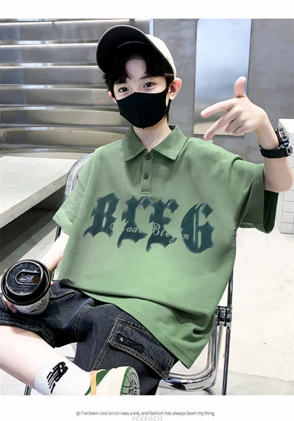 Korean Kids Boy Suit Summer Set Fashion Teenager Child Clothes Set Cotton Polo Shirt + Shorts 2pcs Outfits Tracksuit Costume