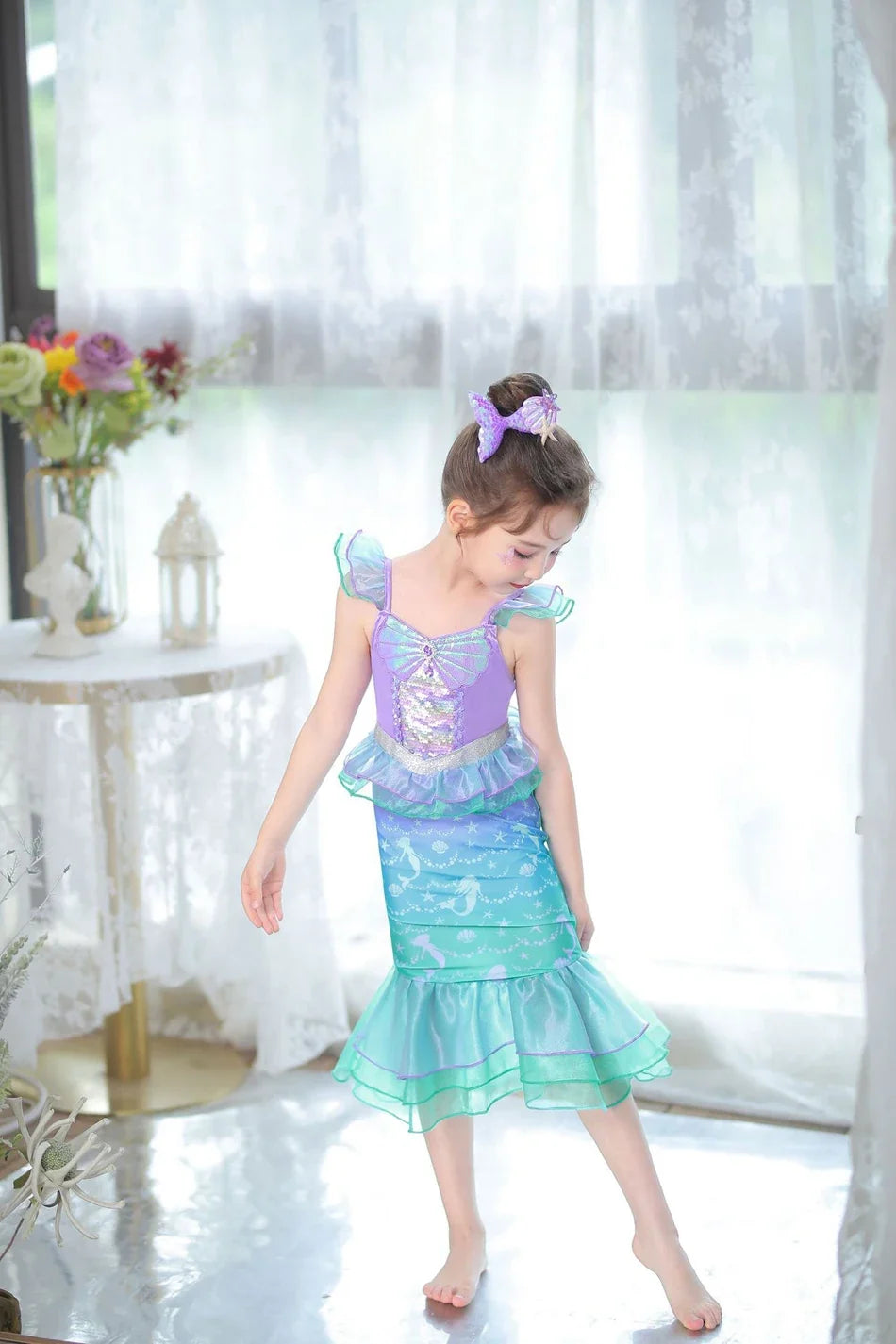 Halloween Costume Mermaid Dress Girl Ruffles Shell Fishtail Frocks Ariel Fantasy Luxury Princess Gown Children Fancy Fairy Dress