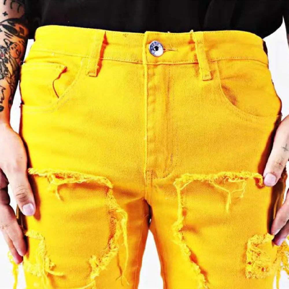 New European and American Heavyweight Streetwise Stretch Patch Jeans for Men, High Street Straight Fit Long Jeans16-3001