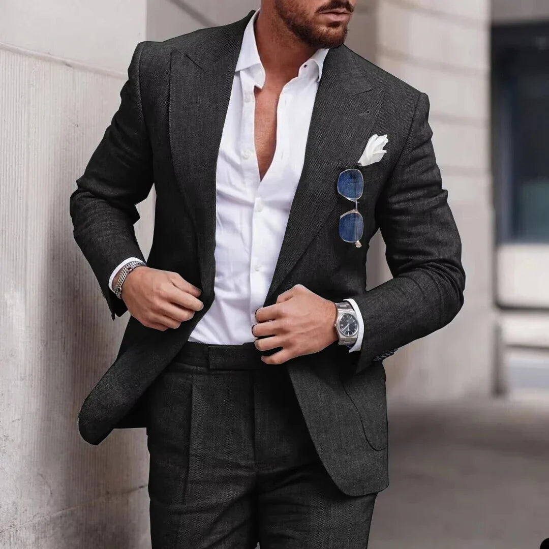 Men's 2 Piece Linen Suit Slim Fit Notch Lapel Casual Blazer Jacket & Trousers Business Wedding Party Formal Dress Set for Men