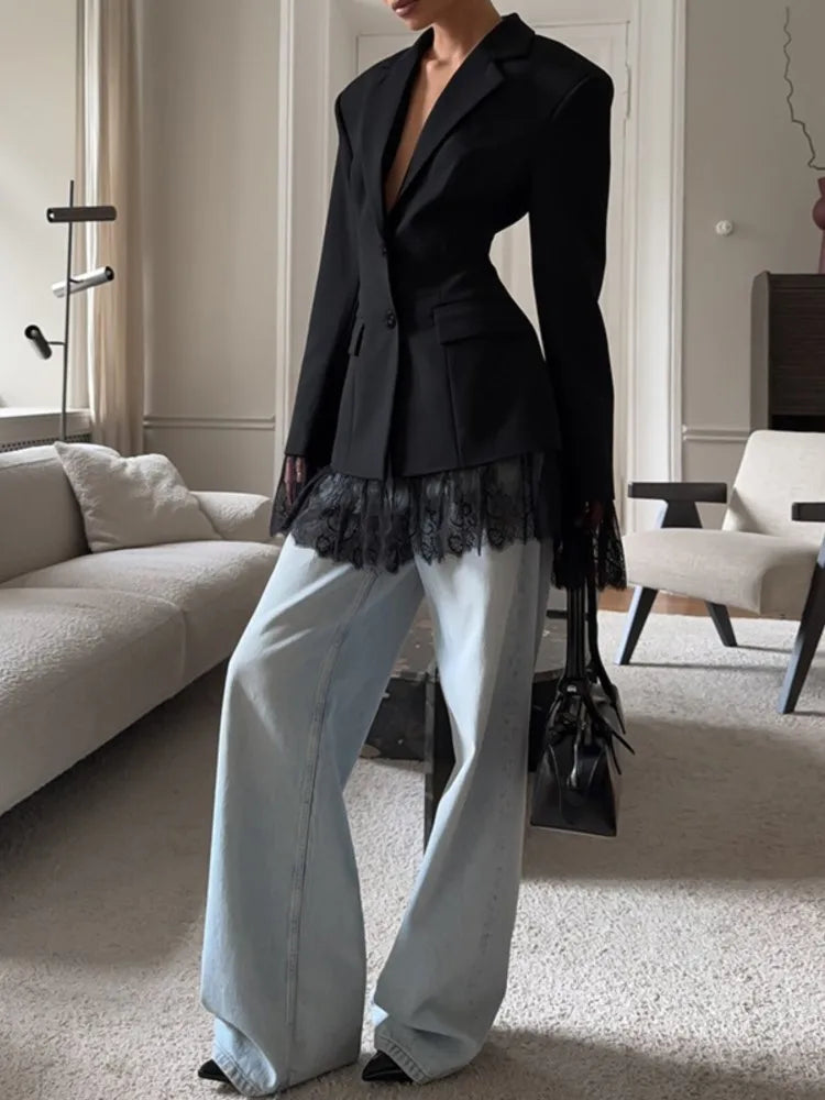 Elegant Lace Blazer Coat Women Fashion Office Lady Full Sleeve Single Breasted Jackets 2025 New Autumn Black Casual Slim Coats