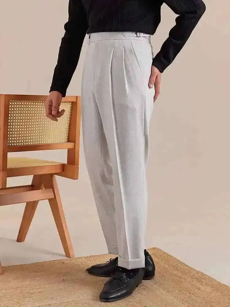 High Waist Linen Suit Pants Men Breathable Straight Leg Office Trousers Men Pantalon Costume Homme Men's Social Trousers