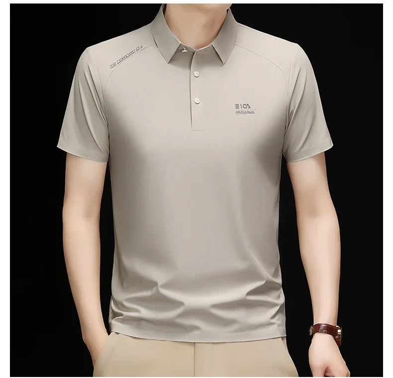 High quality ice silk short sleeve polo shirt cool breathable fashion brand letter printed summer casual men's lapel T-shirt