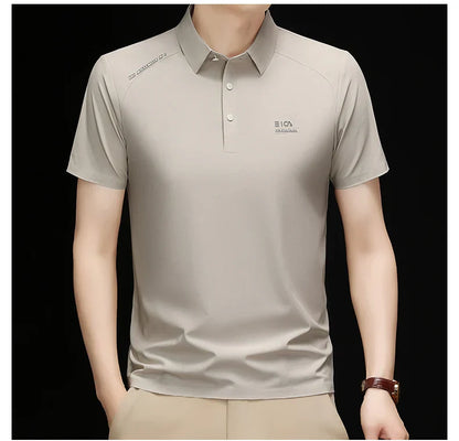 High quality ice silk short sleeve polo shirt cool breathable fashion brand letter printed summer casual men's lapel T-shirt