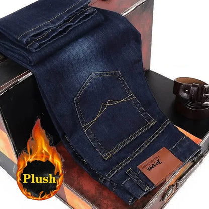 2025 New Business Casual Trousers Grey Fleece Men Clothes Black Blue Elasticity Warm Winter Jeans Velvet Jeans 28-40