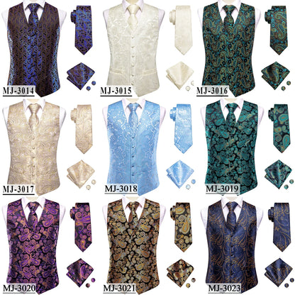 Champagne Mens Vest Tie Set Fashion Paisley Jacquard Western Waistcoat Necktie Hanky Cufflinks Wedding Business Gift Hi-Tie
