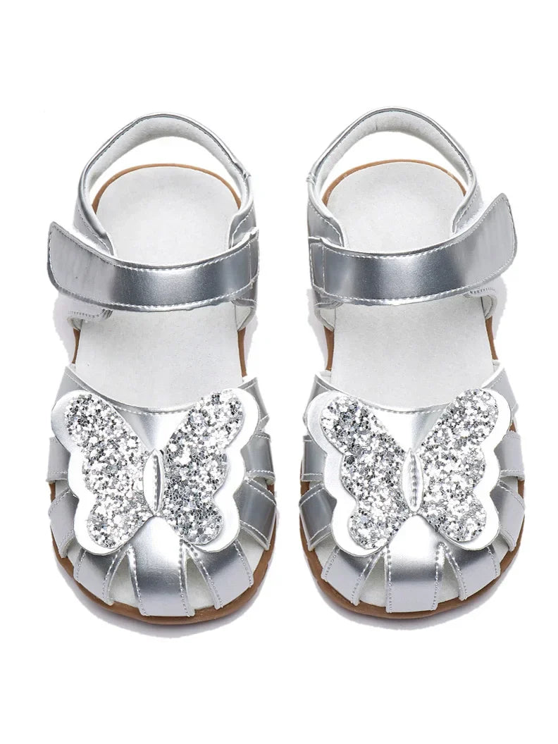 Leather sparkling butterfly Girls flat Sandals closed toe little kids girls summer shoes