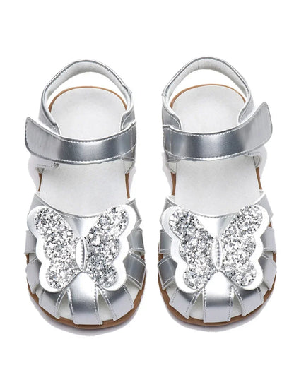 Leather sparkling butterfly Girls flat Sandals closed toe little kids girls summer shoes