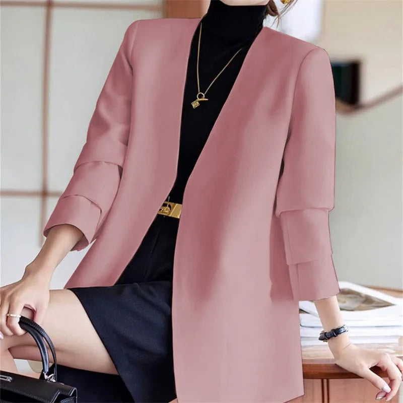 Fashionable Versatile Spring Autumn Women's Blazer Jacket Korean Style Street Style Long Sleeve Suit Coat Pure Color Commute...