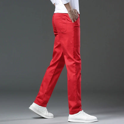 Spring and Autumn Men's Multi-Pocket Design Jeans Fashionable and Versatile White Khaki Red Comfortable Stretch Denim Pants