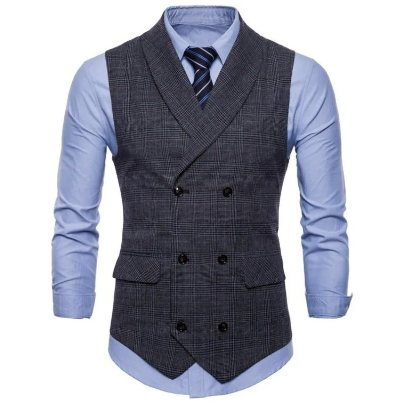 Men Vest Vintage Plaid Turn Down Collar Male Suit Vest Slim Double-breasted Sleeveless Business Casual Man Waistcoat