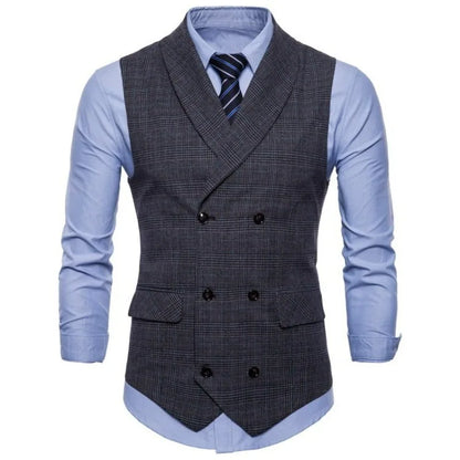 Men Vest Vintage Plaid Turn Down Collar Male Suit Vest Slim Double-breasted Sleeveless Business Casual Man Waistcoat