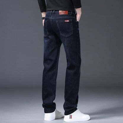 Classic Straight Men's Jeans Spring Slightly Thick Elastic Casual Office Business Trousers Fashion Comfort Washed Denim Pants
