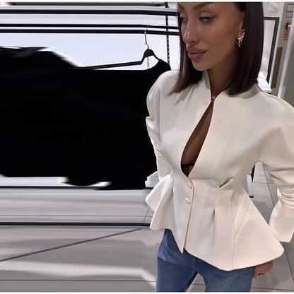 Chic Pleated Waist Cinched Women's Jacket V Neck Single Breasted Lace Up Blazer Coat Lady 2026 Casual Slim Commute Outerwear