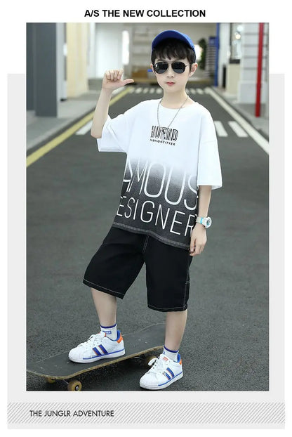 Summer Boys Cotton Contrast Alphabet t-Shirt Tops+Denim Shorts Pant School Kids Tracksuit Child 2PCS Outfit Workout Set 5-16 Yrs