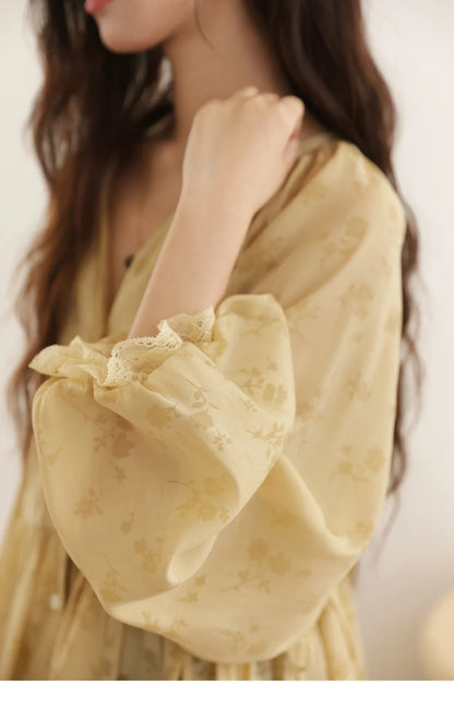 Elegant Woman Shirt 2025 Autumn Yellow Printing Lantern Sleeves Shirt Commute Drawstring Waist Lace Trim Top MXE45X2499