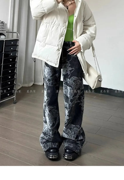 Y2K Baggy Dragon Print Denim Trouser Women's Washed Vintage Casual Emo Pants Grunge Street Retro High Waist Loong Trashy Jeans