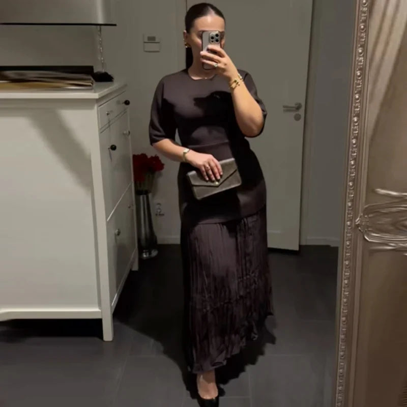 Womens Dresses Brown Pleated Dress Summer 2025 Elegant Knitted Short Sleeve Vestidos Chic Patchwork O-Neck Vacation Dresses