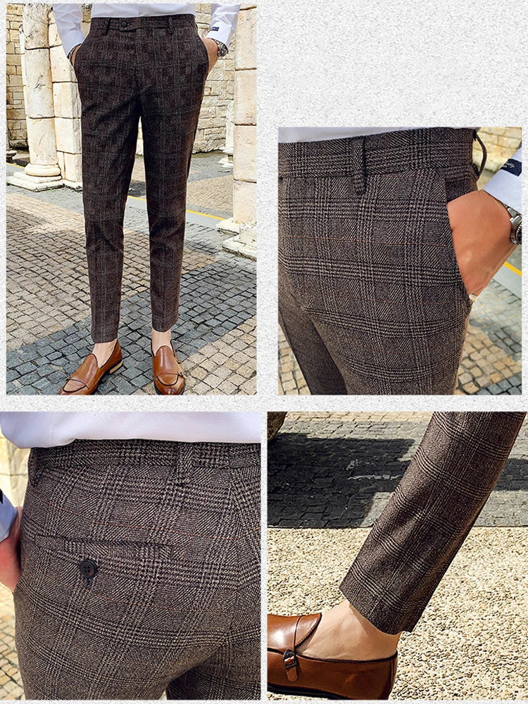 Boutique Classic Plaid and Striped Fashion Men's Casual Business Slim Suit Pants Groom Wedding Dress Trousers Party