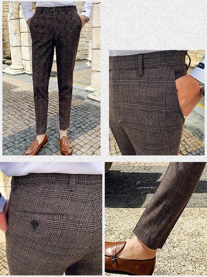 Boutique Classic Plaid and Striped Fashion Men's Casual Business Slim Suit Pants Groom Wedding Dress Trousers Party