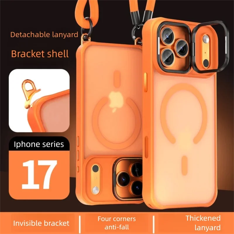 Metal Lens Stand Magnetic Case For iPhone 17 Air 16 Plus 15 14 13 Pro Max With Crossbody Lanyard Strops Heavy Duty Protection