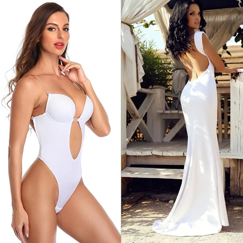 Backless Bodysuit Shapewear for Women Built-in Bra Multiple straps Thongs Body Shaper U Plunge Seam-free Faja with Open Crotch