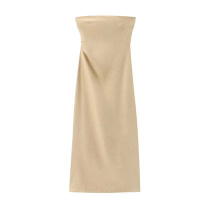 Women Fashion Summer New Sexy Split Back Zip Pleated Sleeveless Strapless Dress Chic Female French Elegant Evening